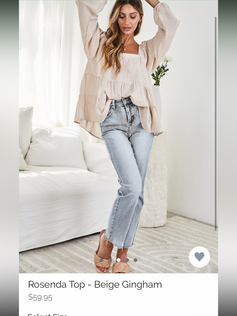 Tan and White Gingham Peasant Top